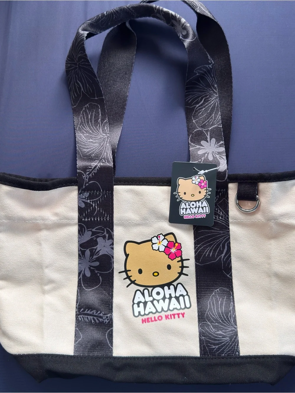 Hello Kitty Aloha Hawaii Canvas Tote Bag in Cream and Black with Pink Accent